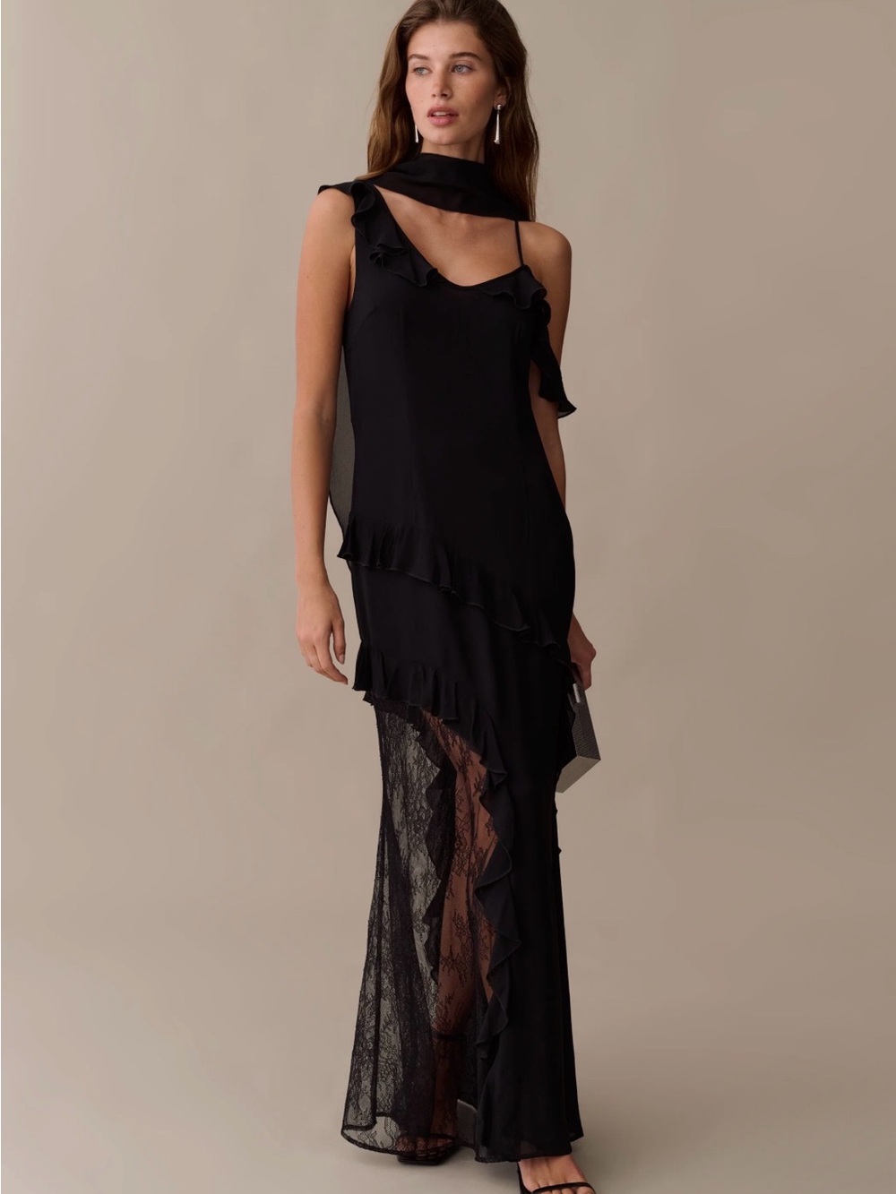 NWT o.p.t Carmen Dress Black Ruffle Asymmetric Lace Maxi Dress Size 4